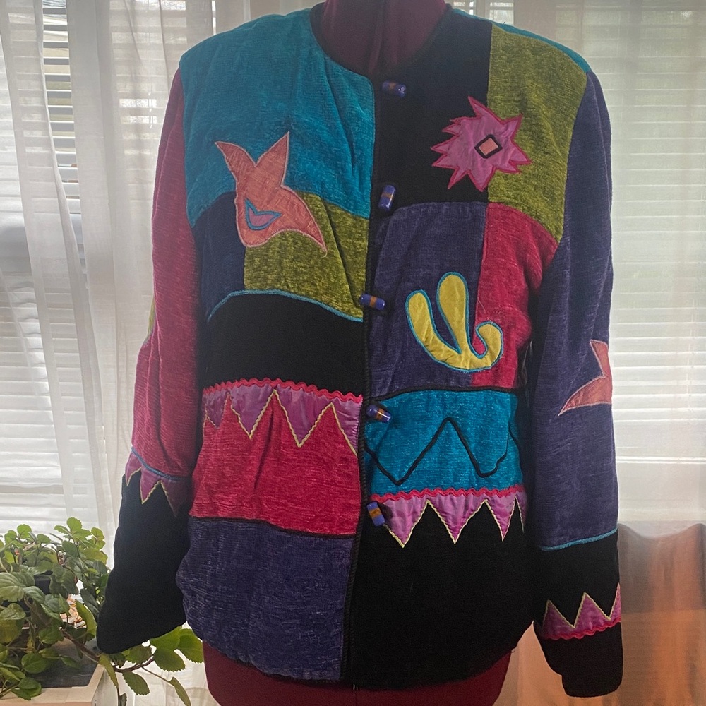 Vtg 90s Allure Jacket Womens L Pink Purple Blue Embroidered Patchwork ArtsyVtg